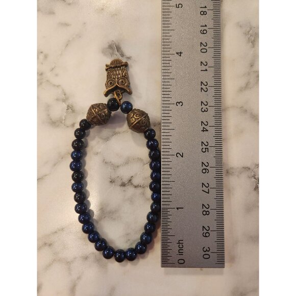 Blue Beaded Bracelet With Owl Pendant & Ornate Bronze Beads - Picture 2 of 2